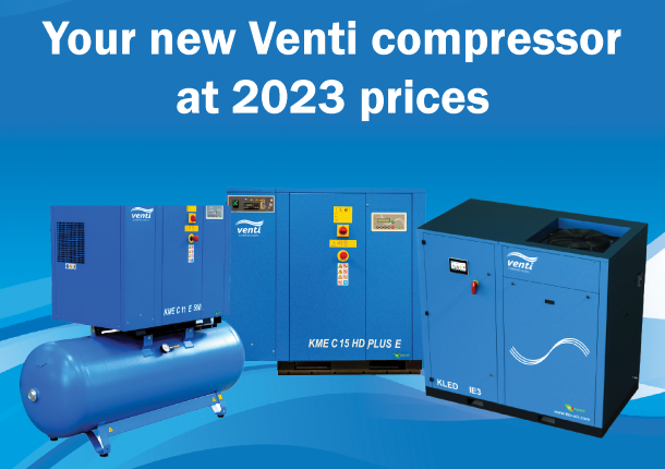 Blue tile with the heading: Your new Venti compressor at 2023 prices. Three blue Venti compressors are also featured.