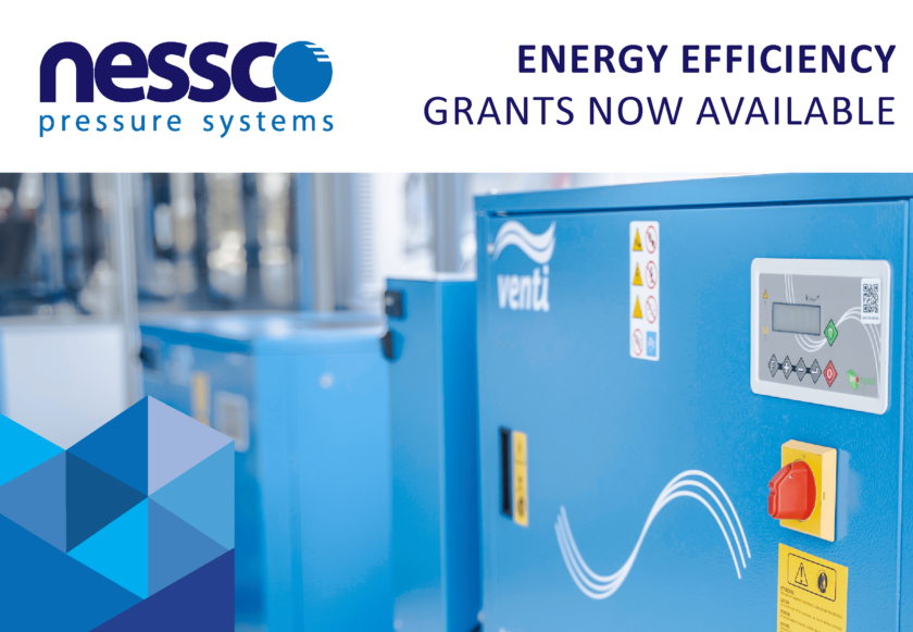 Tile with image of a blue compressor and the words: Energy Efficiency Grants Now Available